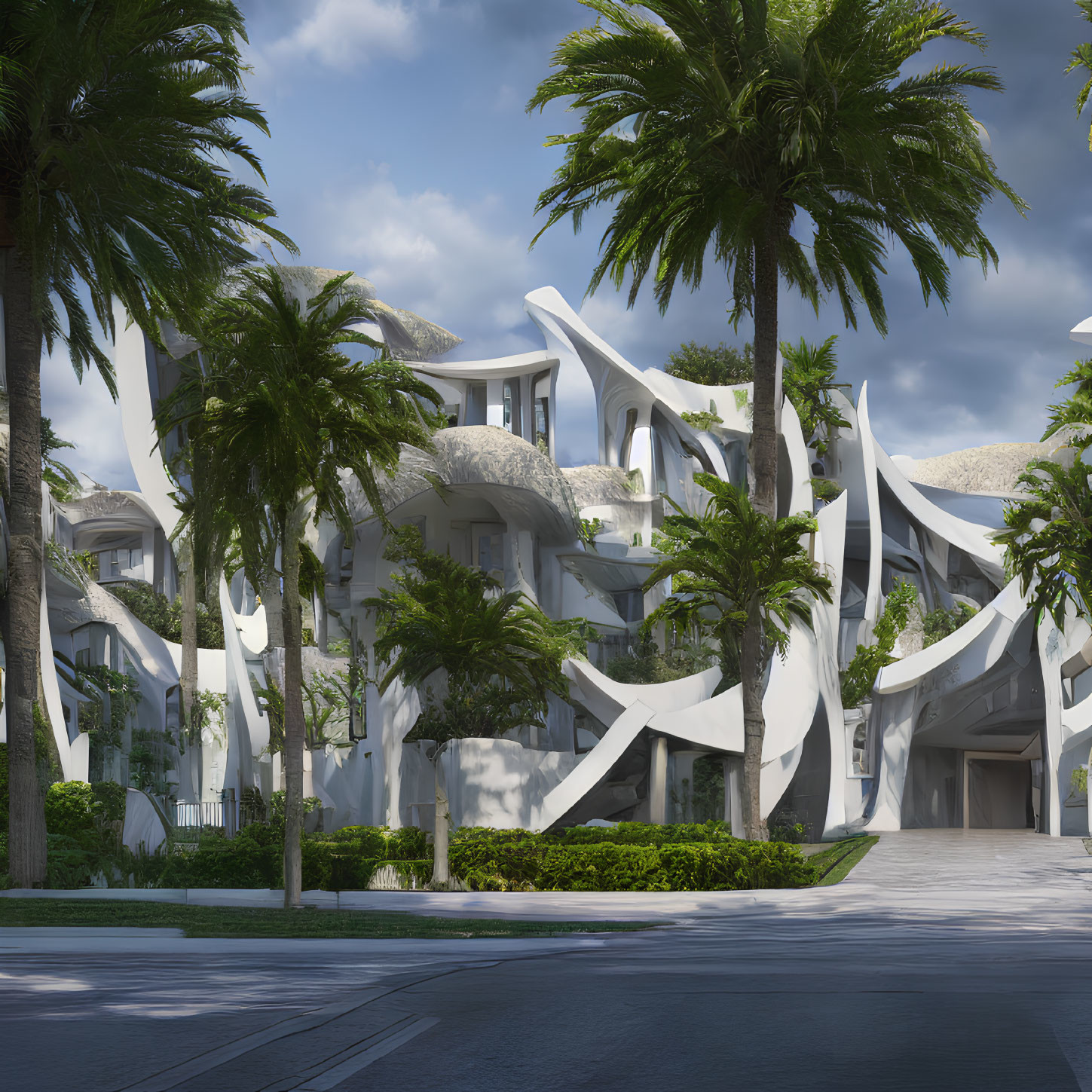 Modern residential building with organic design, palm trees, blue sky