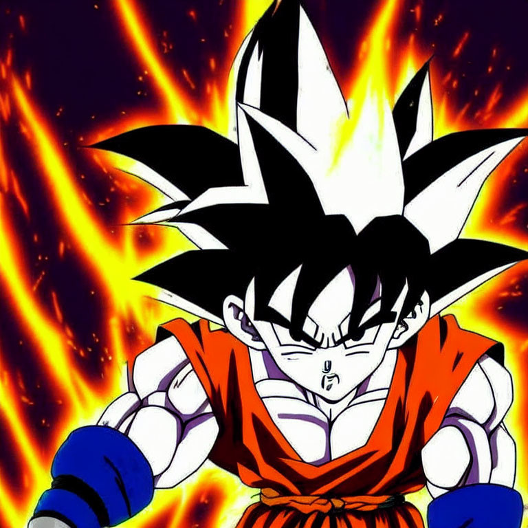 Animated character with spiky black hair in martial arts outfit amidst fiery aura