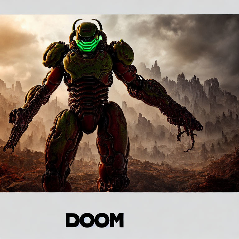 Armored figure with glowing visor in bleak rocky landscape - "DOOM