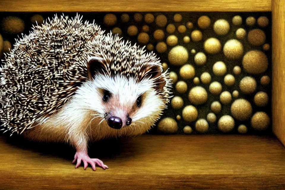 Brown and white spined hedgehog in wooden box with yellow dotted pattern