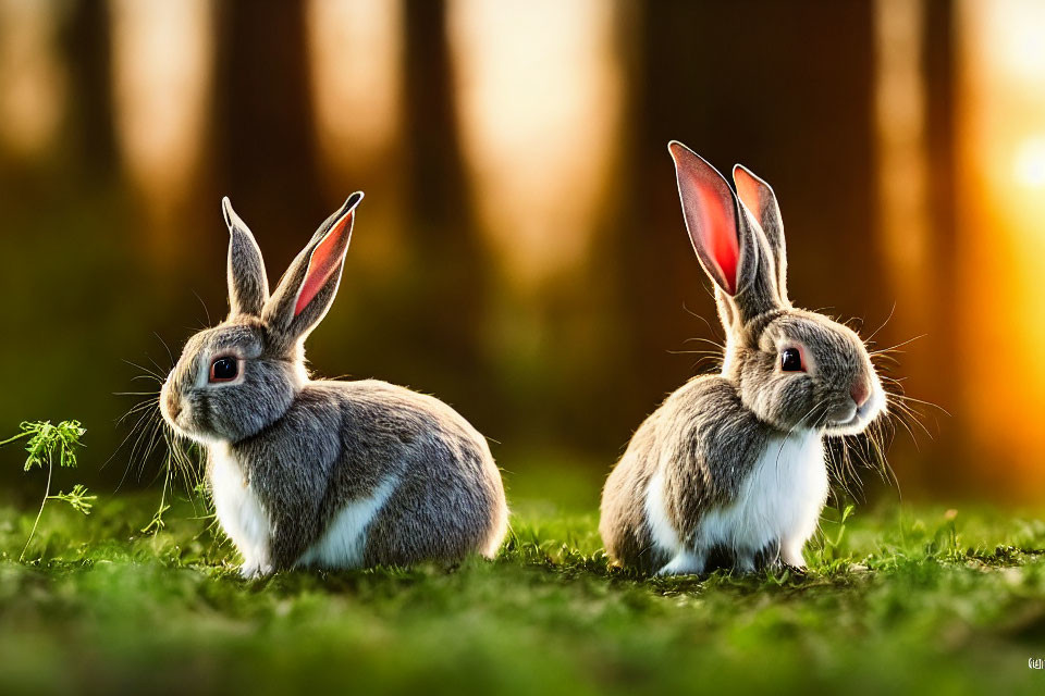 Two rabbits with grey and white fur in grass against sunset-lit forest.