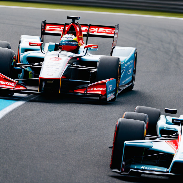 Two Formula E race cars in close competition on track with aerodynamic design and colorful liveries.