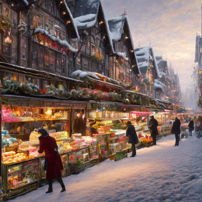 Snowy Christmas Market with Festive Stalls, Vibrant Lights, and Shoppers