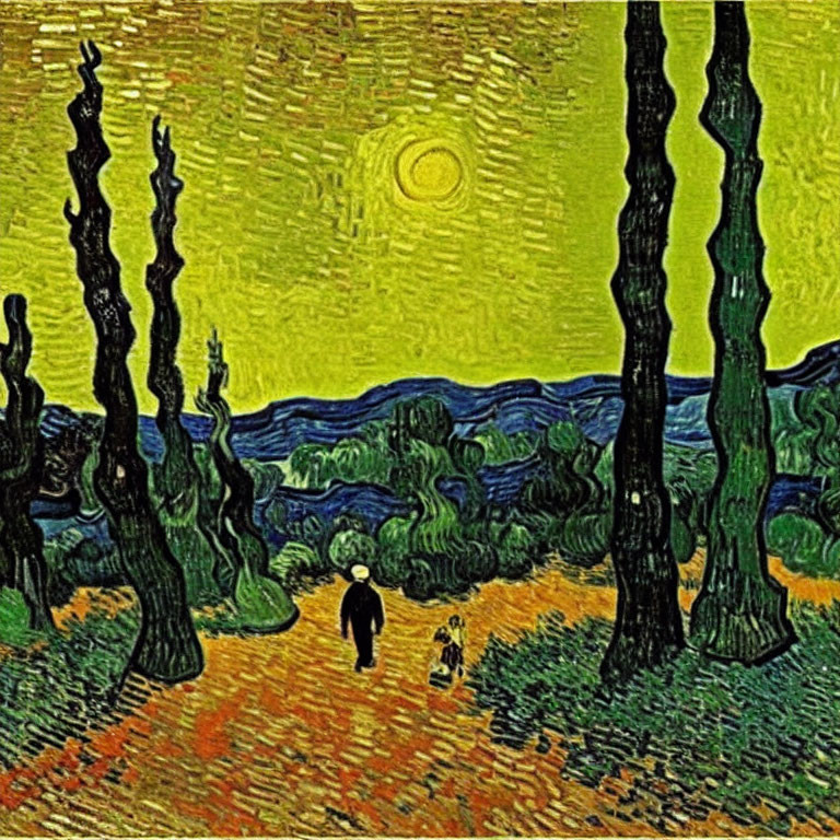 Colorful painting: swirling yellow sky, black cypress trees, walking figure, small dog on orange