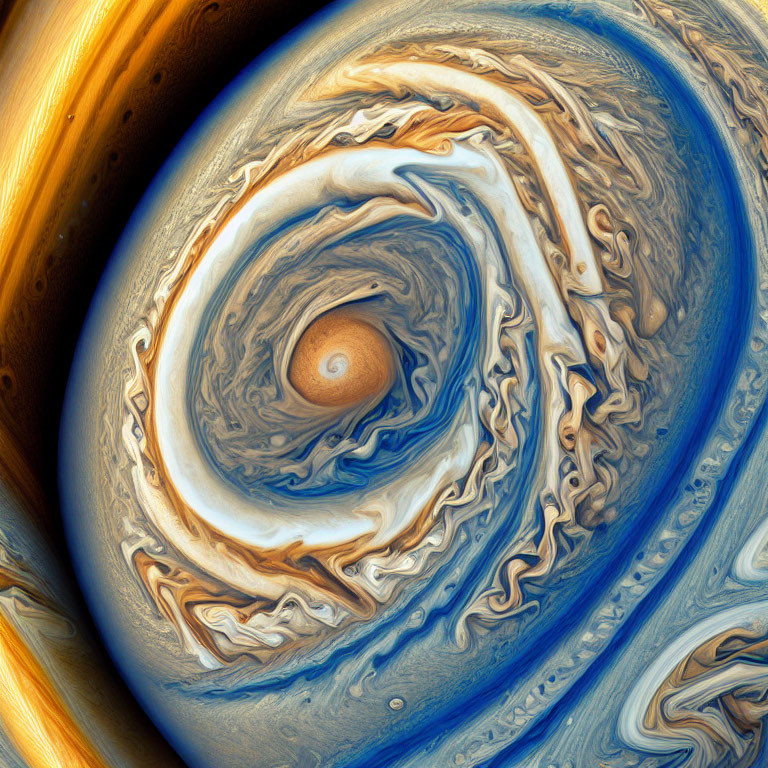 Close-up of Jupiter's cyclonic storm in marbled atmosphere