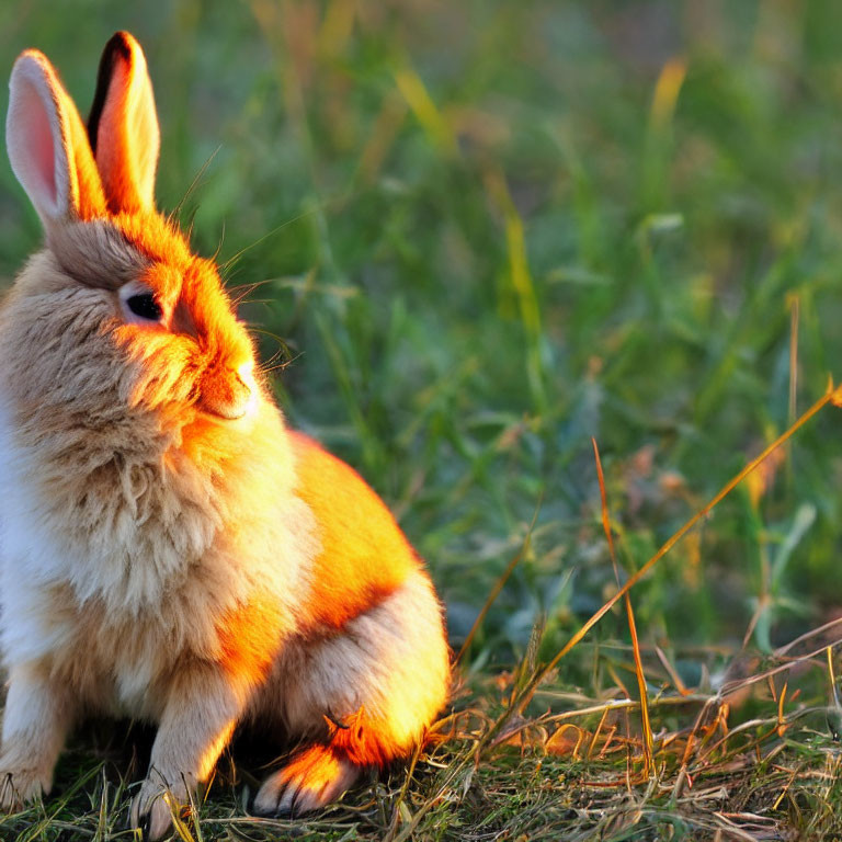 Fluffy Orange-Brown Rabbit in Sunlight on Green Grass