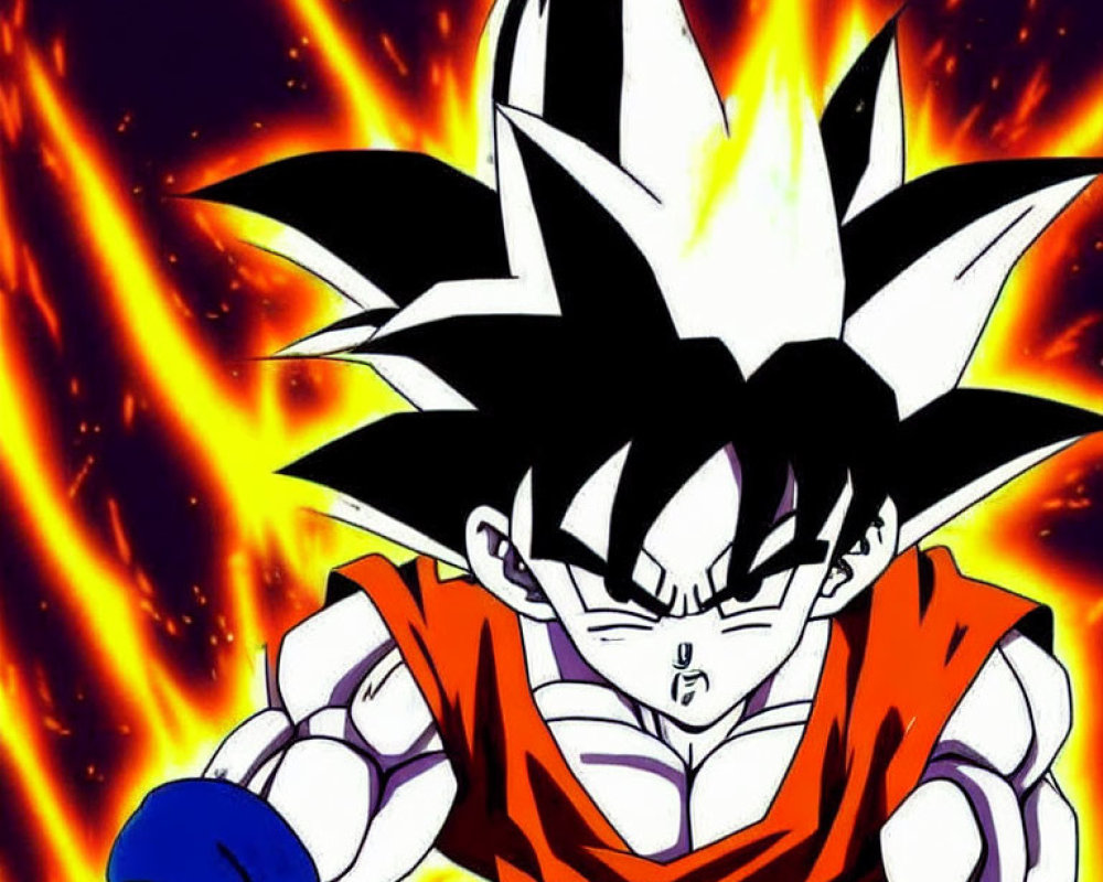 Animated character with spiky black hair in martial arts outfit amidst fiery aura