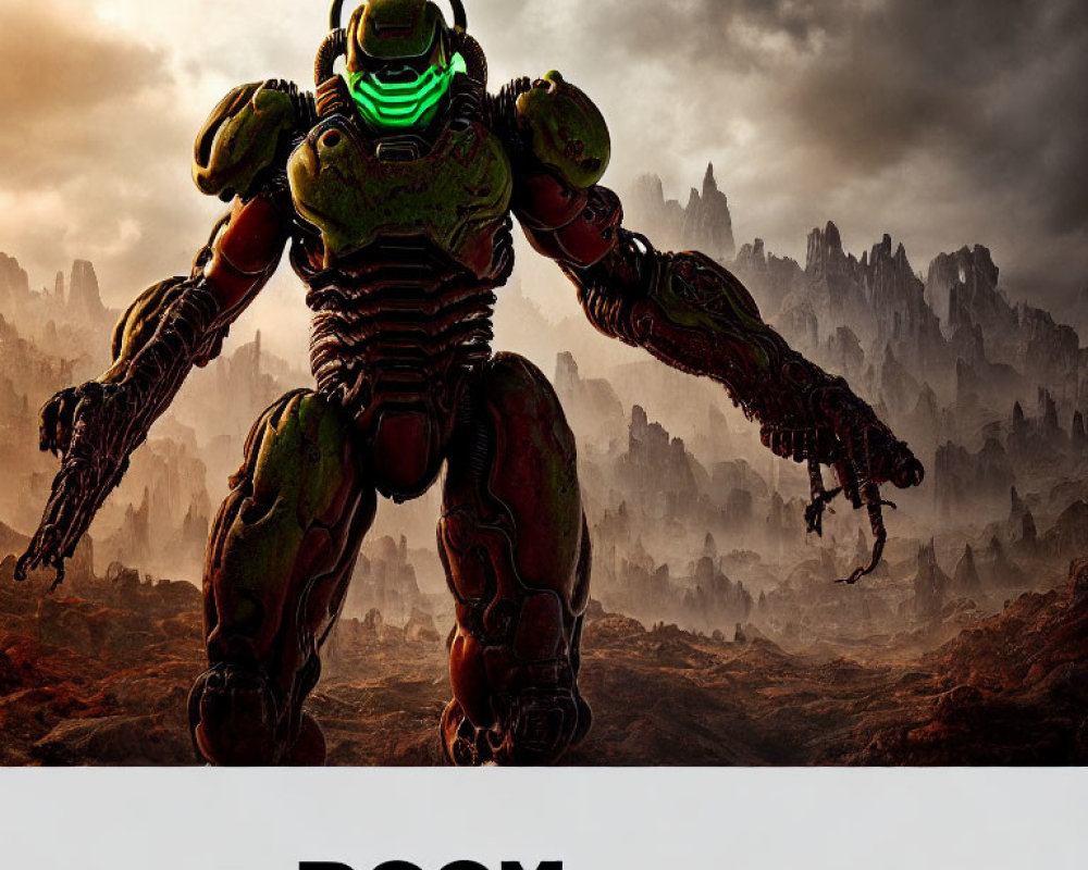 Armored figure with glowing visor in bleak rocky landscape - "DOOM