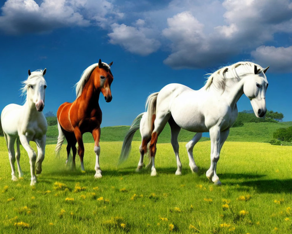 Three Galloping Horses in Vibrant Meadow Landscape