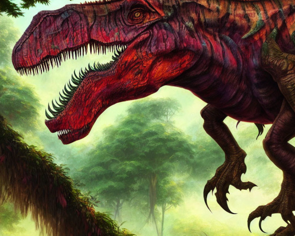 Detailed Illustration of Red and Brown Striped T-Rex in Lush Green Forest