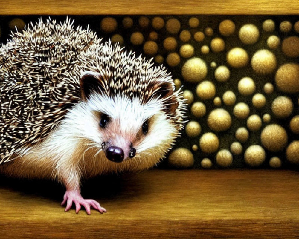 Brown and white spined hedgehog in wooden box with yellow dotted pattern