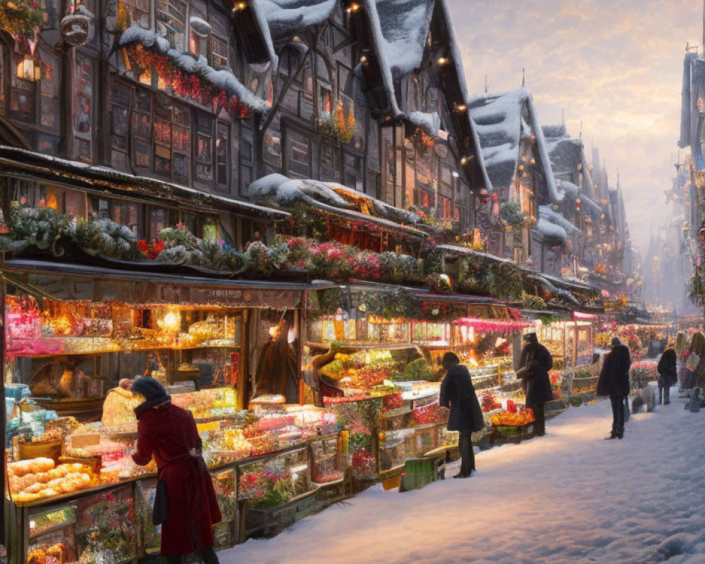 Snowy Christmas Market with Festive Stalls, Vibrant Lights, and Shoppers