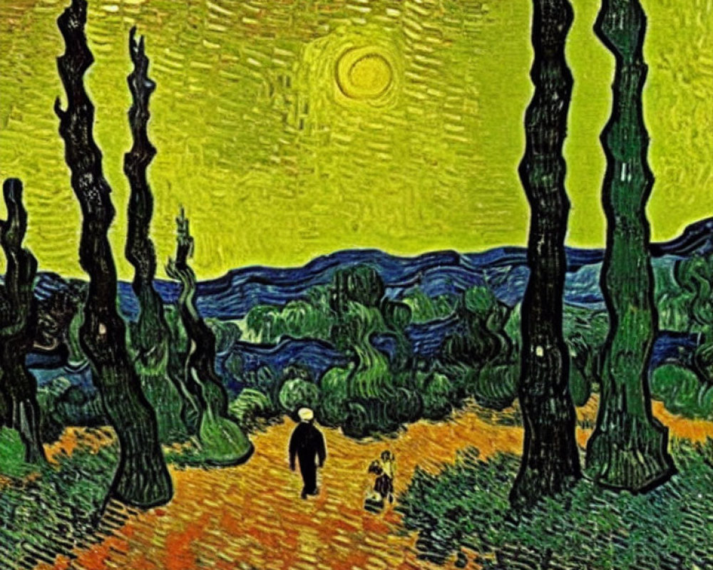 Colorful painting: swirling yellow sky, black cypress trees, walking figure, small dog on orange