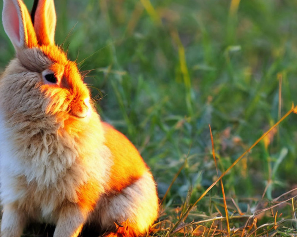 Fluffy Orange-Brown Rabbit in Sunlight on Green Grass