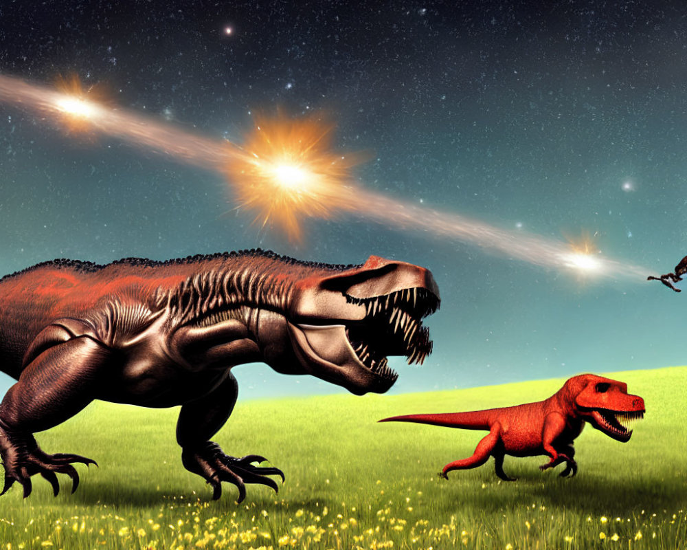 Prehistoric scene with Tyrannosaurus rex and smaller dinosaur under starry sky