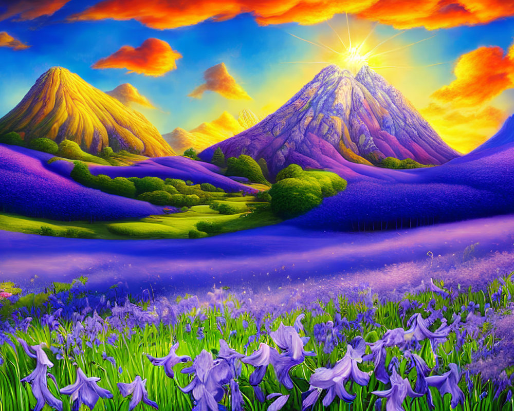 Scenic landscape with purple flowers, green valleys, and sunset mountains