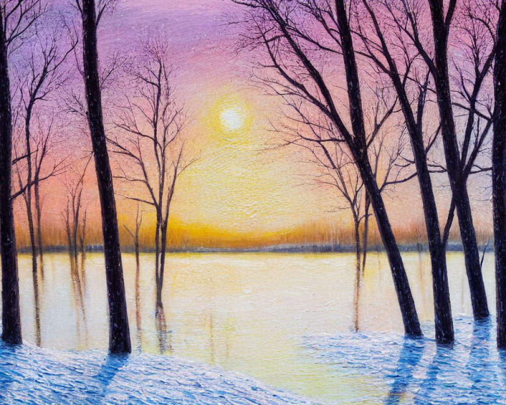 Tranquil lake at sunset or sunrise with colorful reflections among bare trees
