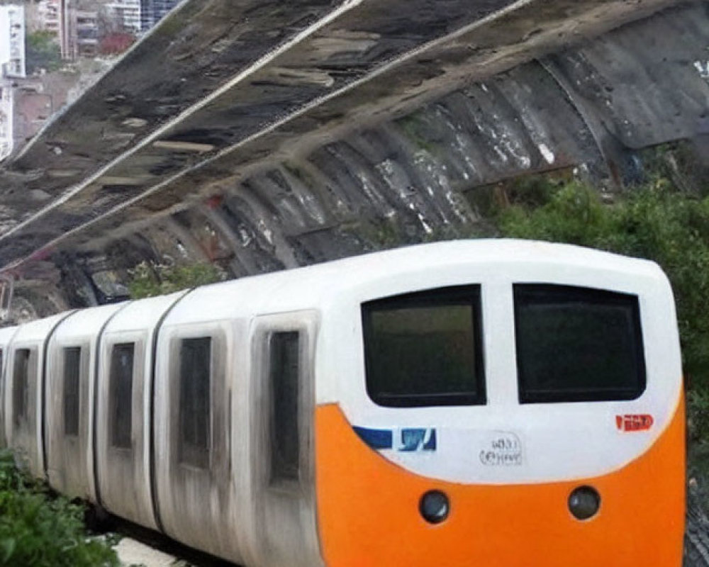 Orange and white train emerges from tunnel in lush greenery with city buildings in background