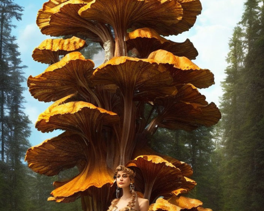 Woman in white dress standing by whimsical mushroom tree in sunlit forest