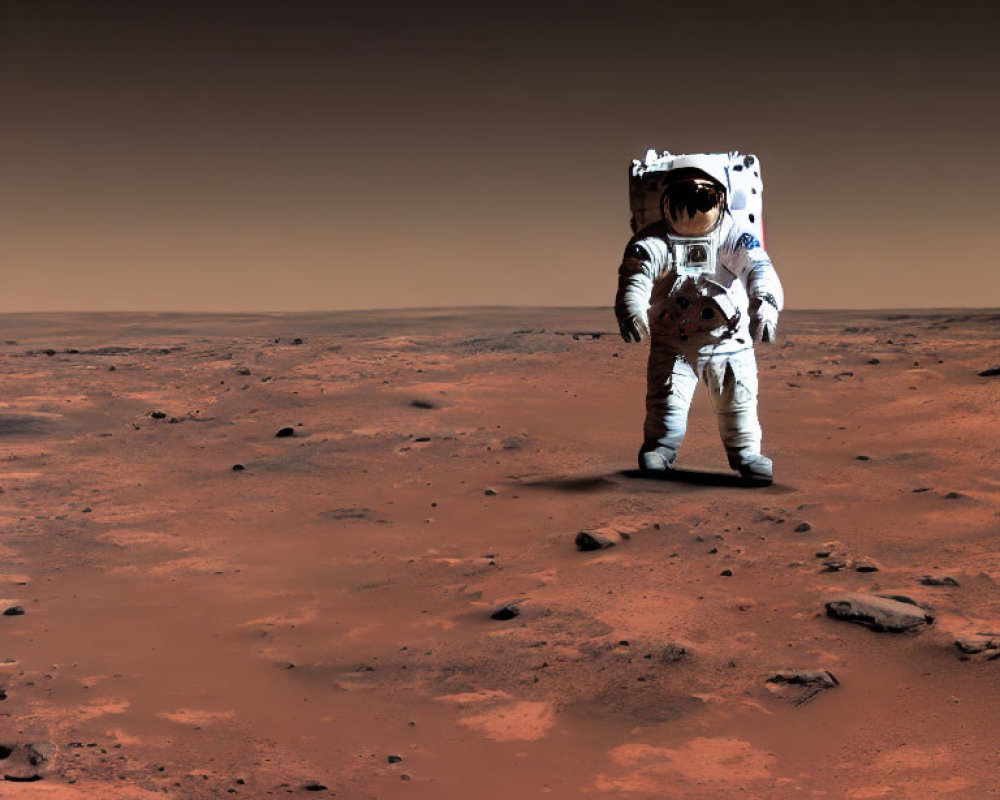 Astronaut in white space suit on rocky, reddish Mars surface