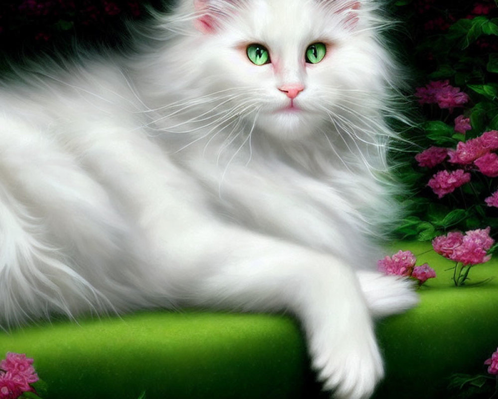 Fluffy White Cat with Green Eyes Surrounded by Pink Flowers