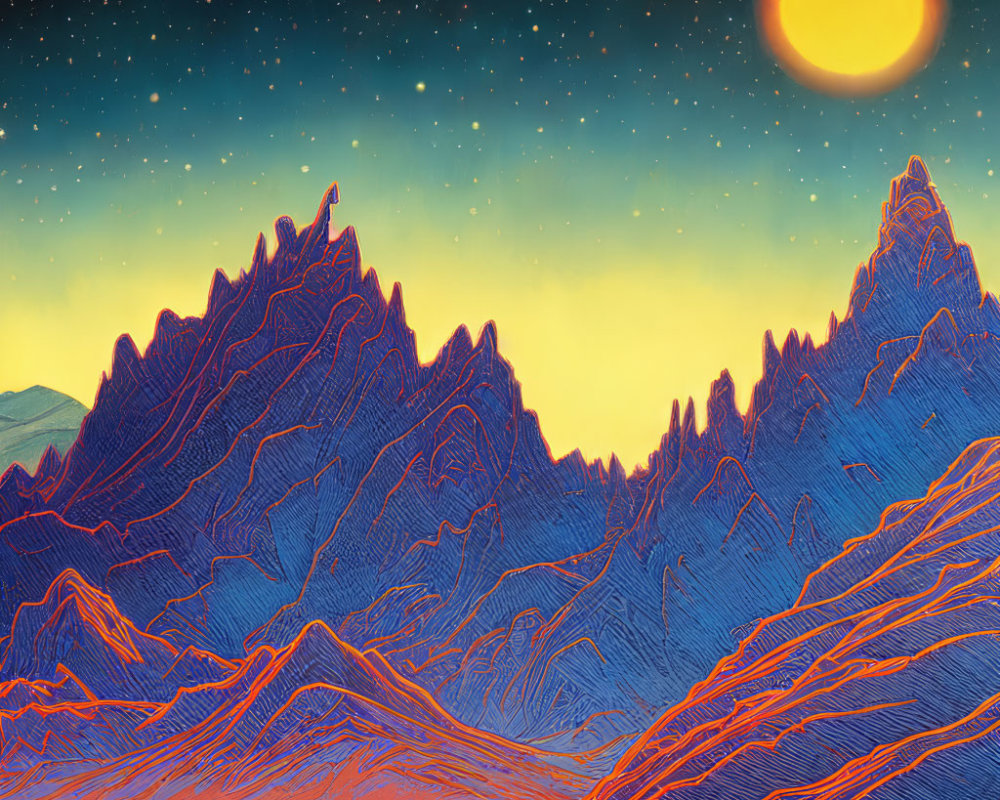 Colorful Mountain Range Under Starry Sky with Oversized Moon