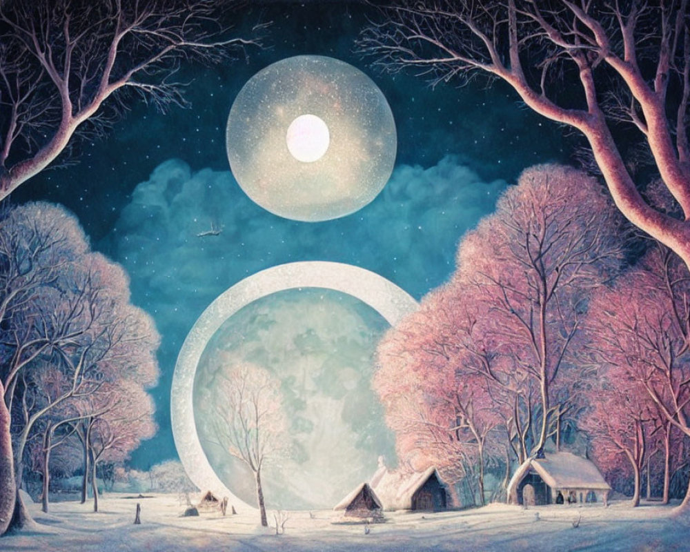 Surreal winter landscape with moon, pink trees, and cottages