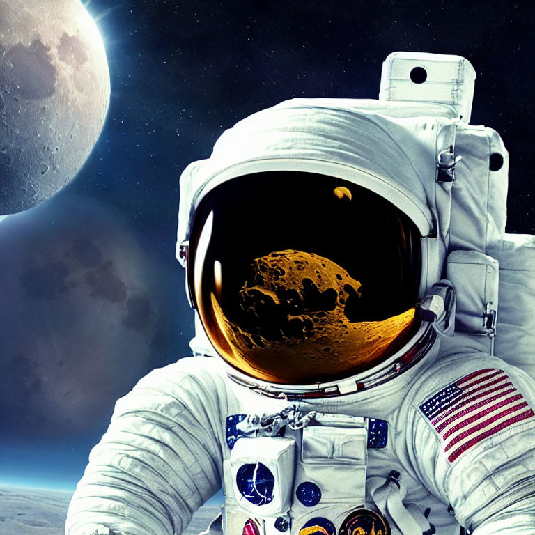 Astronaut in spacesuit with American flag patch, visor reflecting planet, against moon and Earth