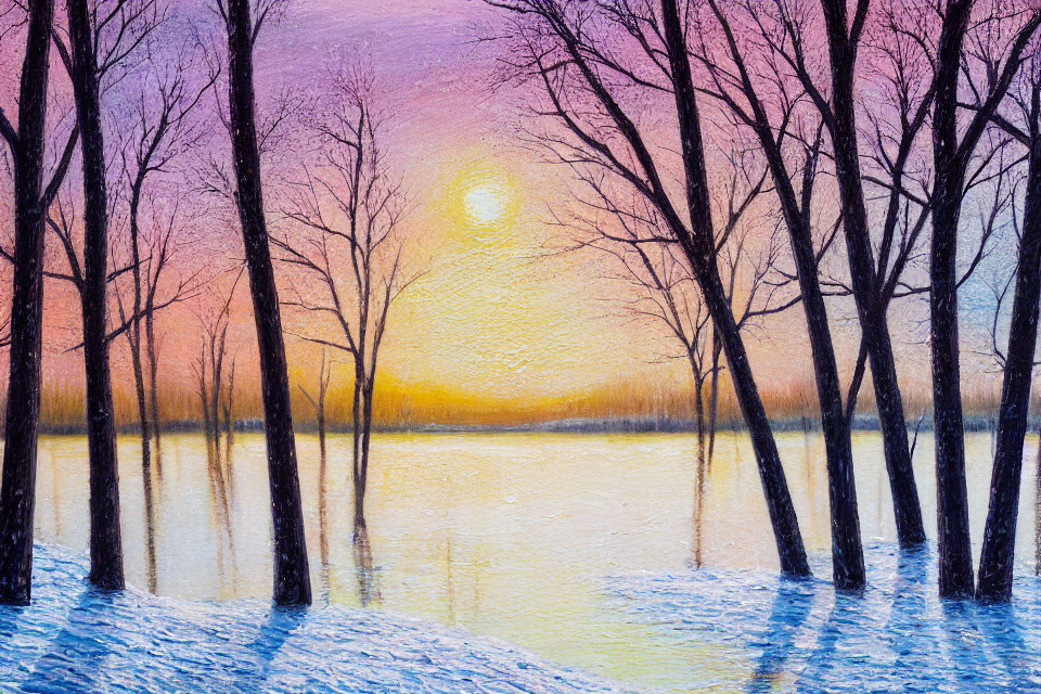 Tranquil lake at sunset or sunrise with colorful reflections among bare trees