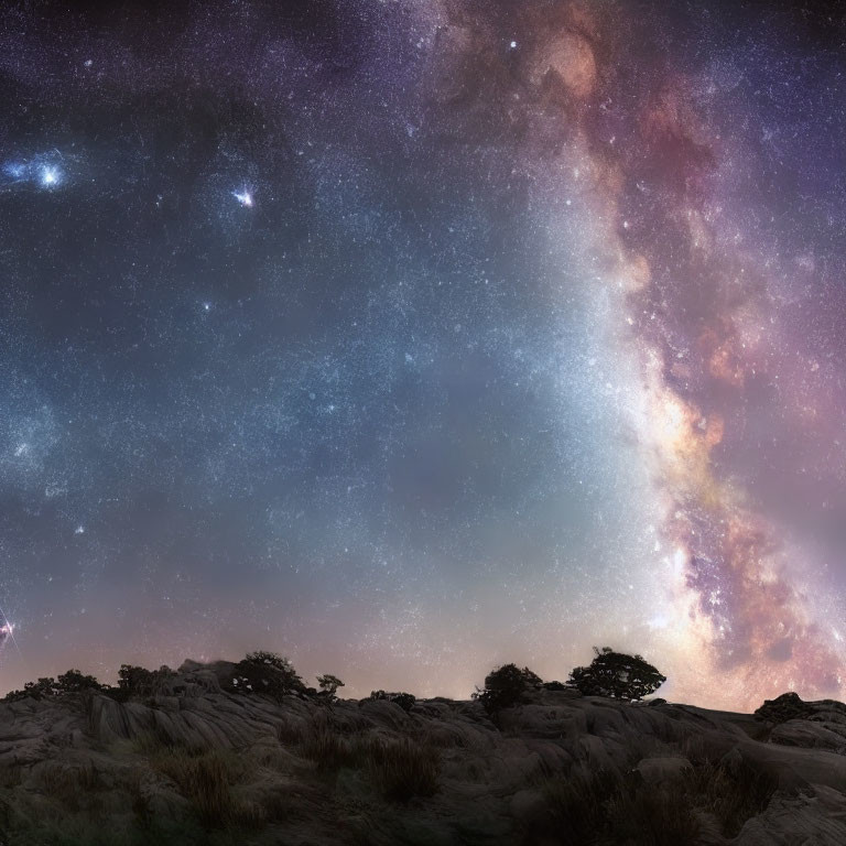 Starry Night Sky with Milky Way Galaxy over Rocky Terrain