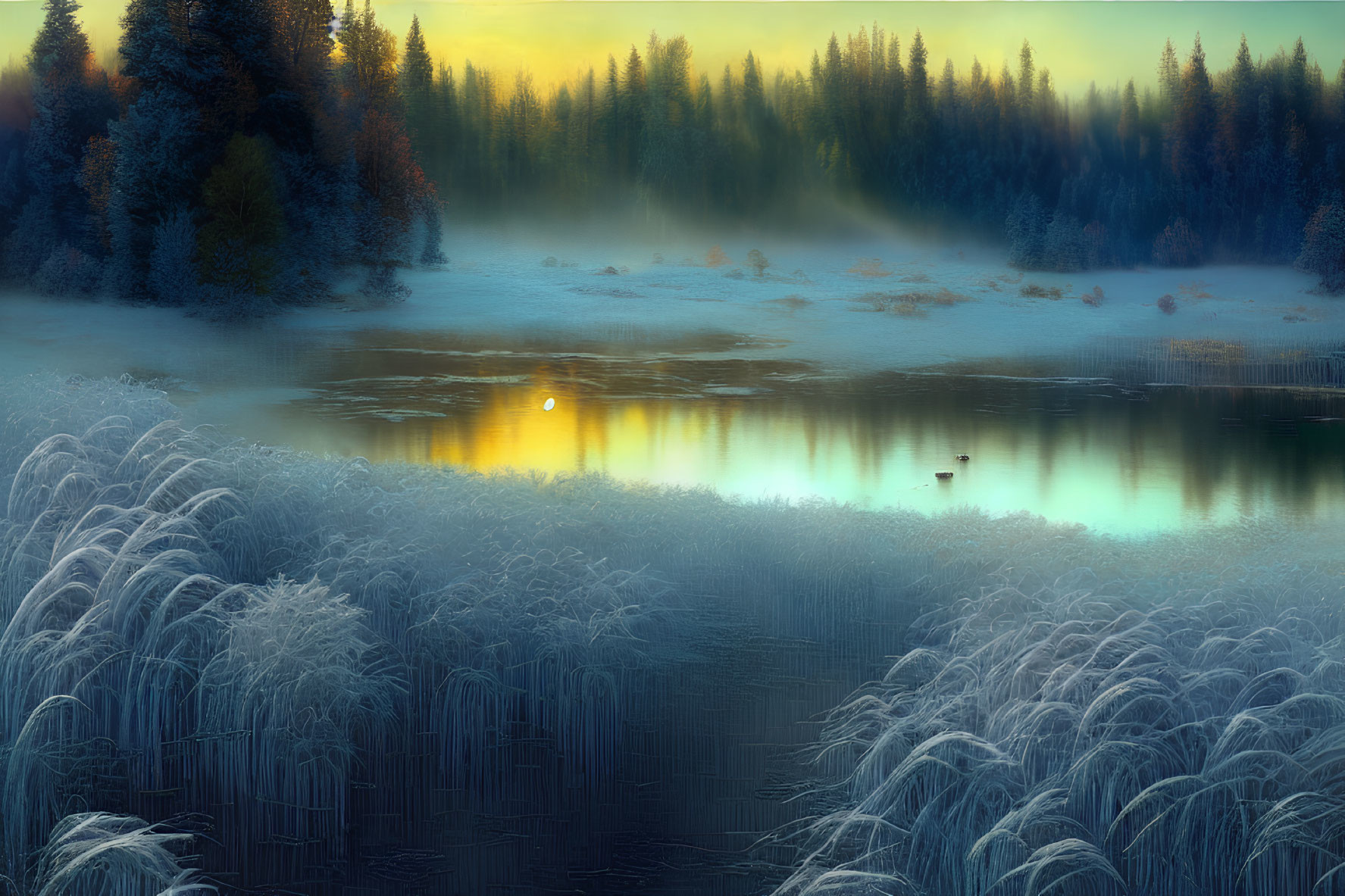 Tranquil sunrise reflected in lake amidst frost-covered landscape