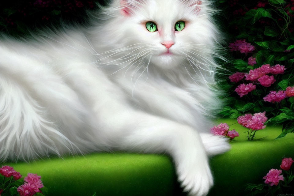 Fluffy White Cat with Green Eyes Surrounded by Pink Flowers