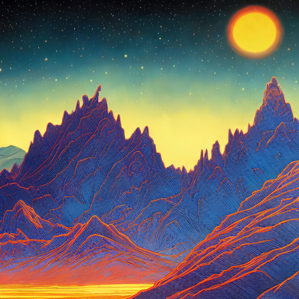 Colorful Mountain Range Under Starry Sky with Oversized Moon