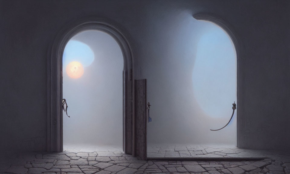 Room with Two Arched Doorways and Sunlight Through Haze