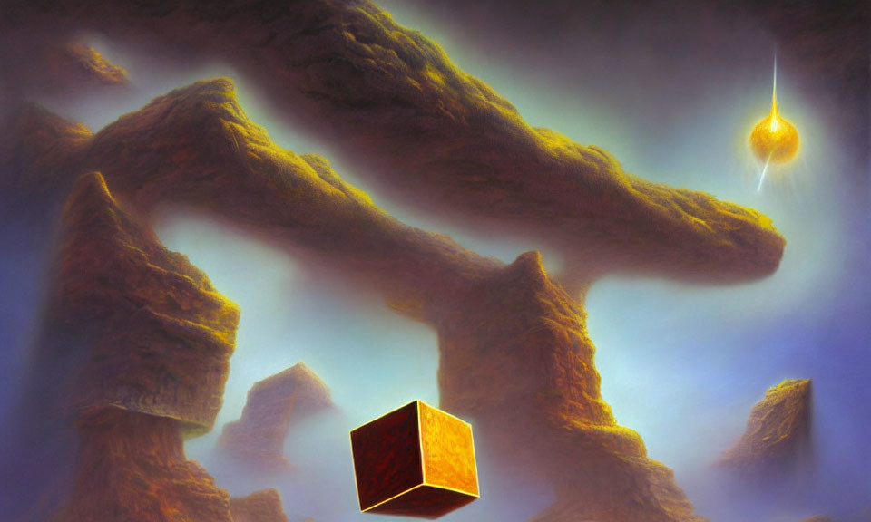 Surreal landscape: floating golden cube, rocky pillars, glowing orb, misty clouds.