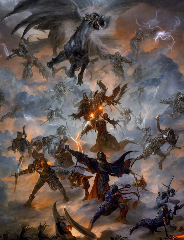 Heavenly battle scene with winged creatures and warriors in armor