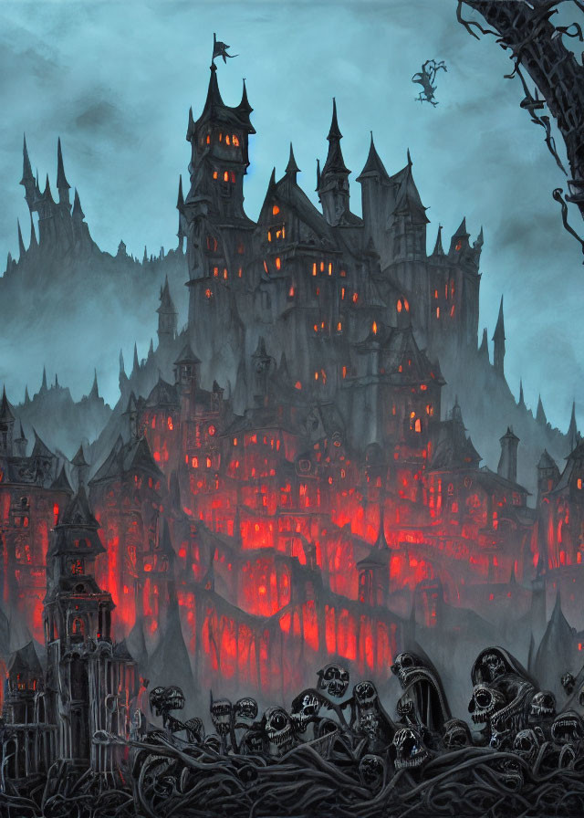 Eerie Red-Lit Castle with Skeletons and Bats