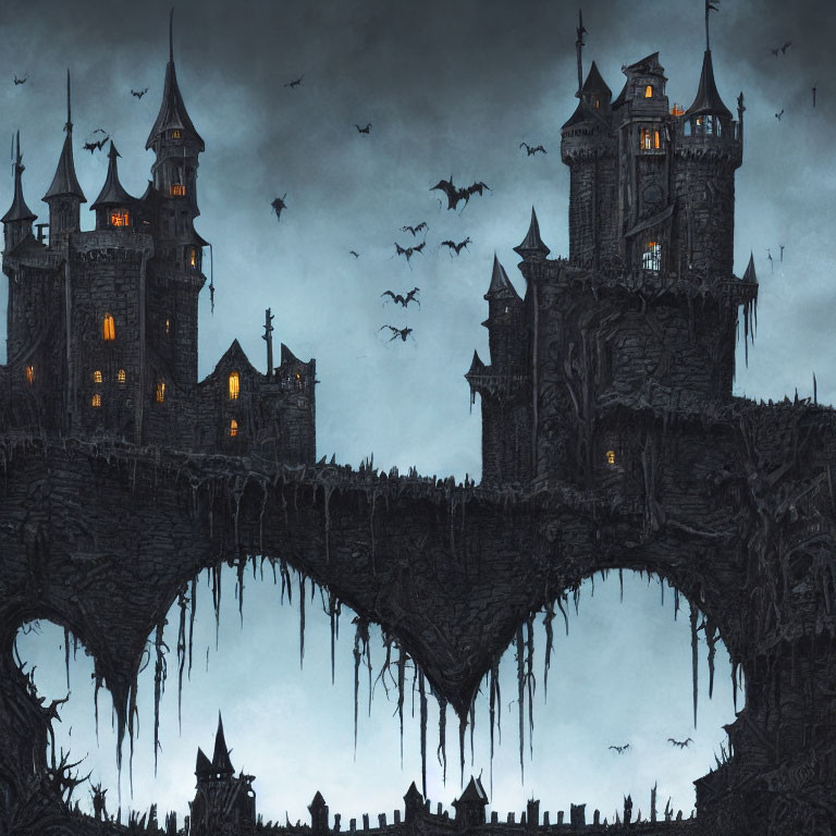 Gothic castle on rugged arch bridge with flying bats in dusky sky