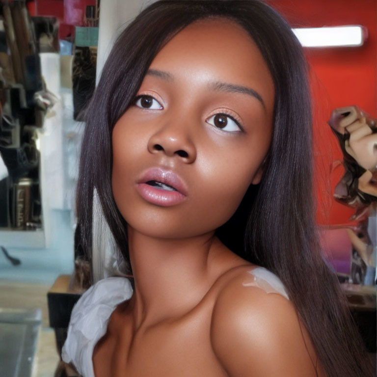 Young woman with shoulder-length black hair in close-up portrait.