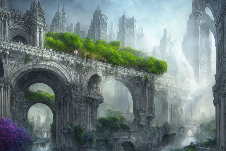 Ethereal fantasy cityscape with towering spires and ancient bridges