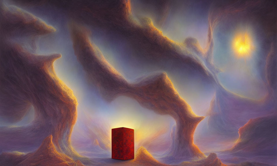 Surreal landscape with glowing red cube under swirling violet sky