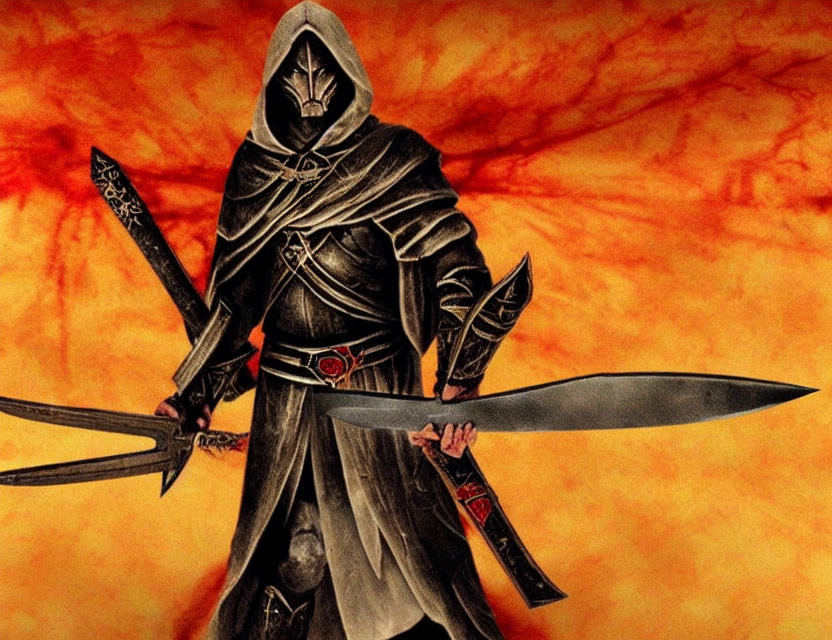 Cloaked figure with two swords in fiery orange backdrop