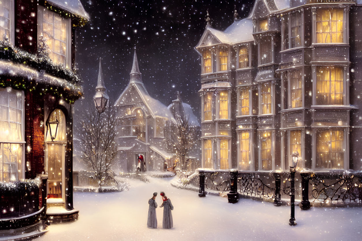 Victorian-era buildings with Christmas lights, snowfall, and people in period clothing.