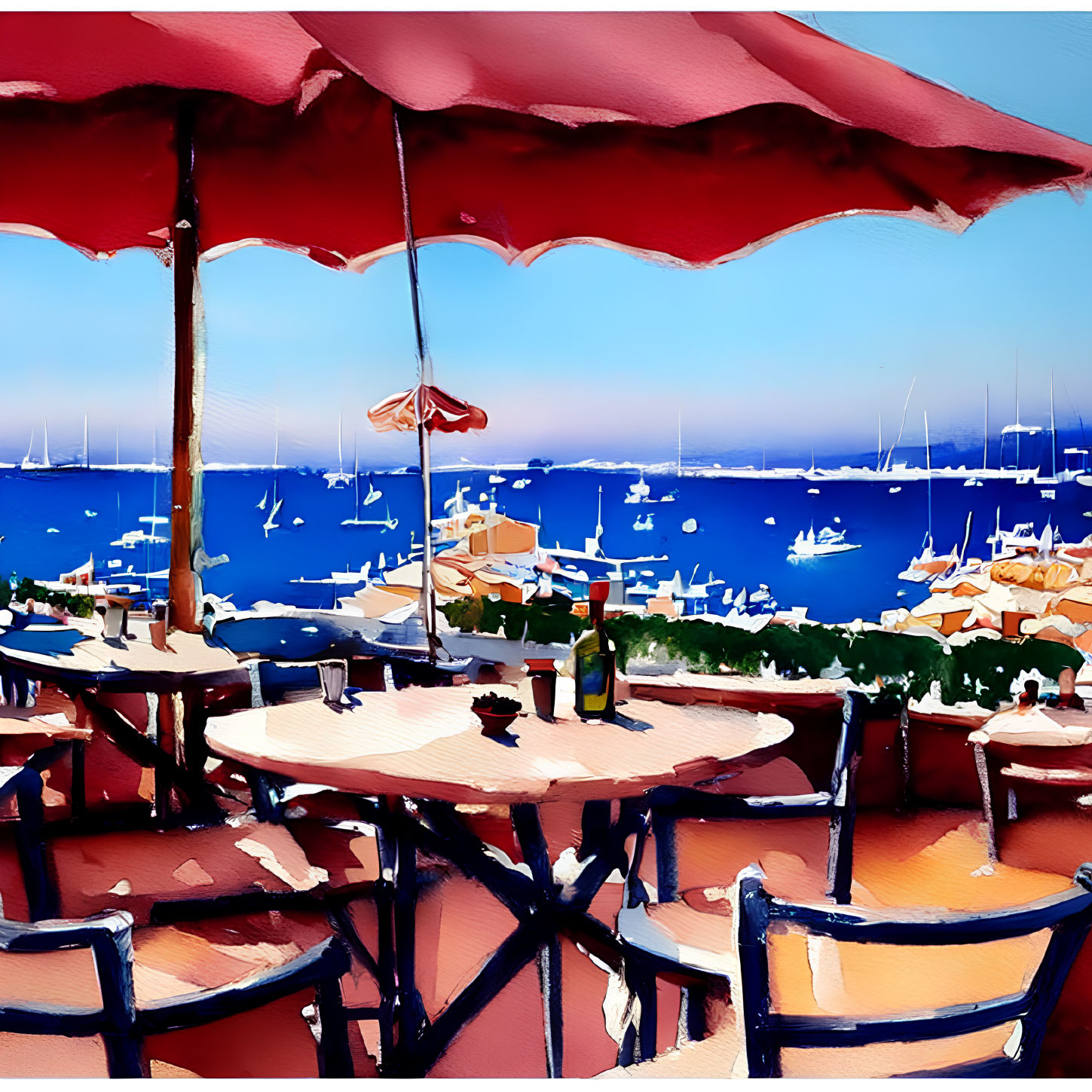 Seaside Café Scene with Red Umbrella, Wine Bottle, and Boats