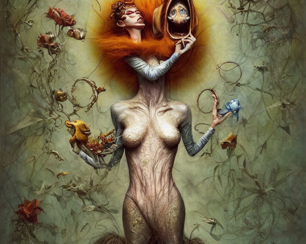 Fantasy artwork featuring woman with mirror-face, surrounded by roses, birds, and empty frames