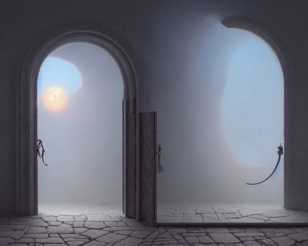 Room with Two Arched Doorways and Sunlight Through Haze