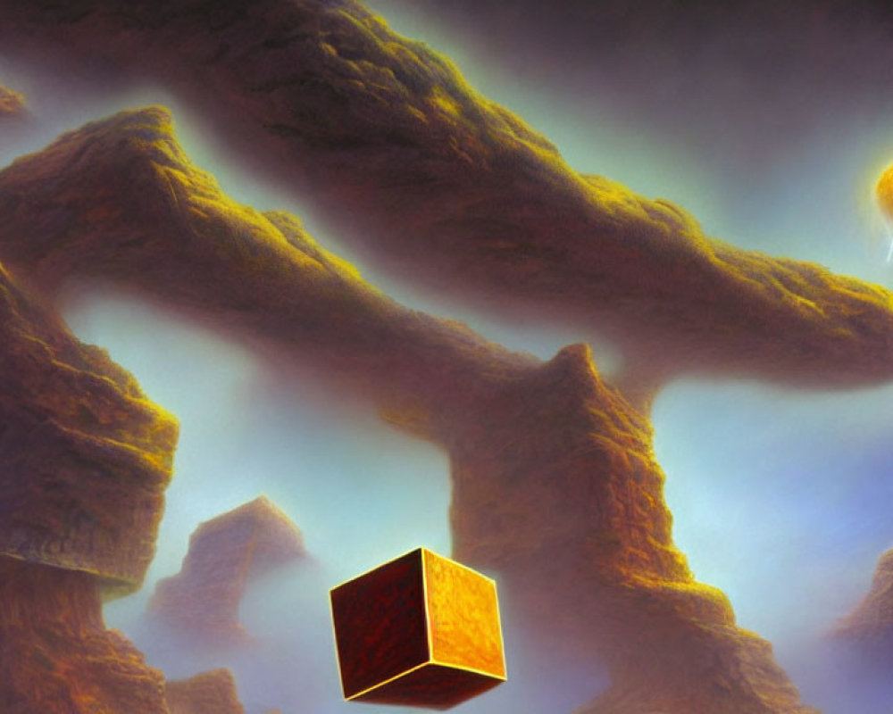 Surreal landscape: floating golden cube, rocky pillars, glowing orb, misty clouds.