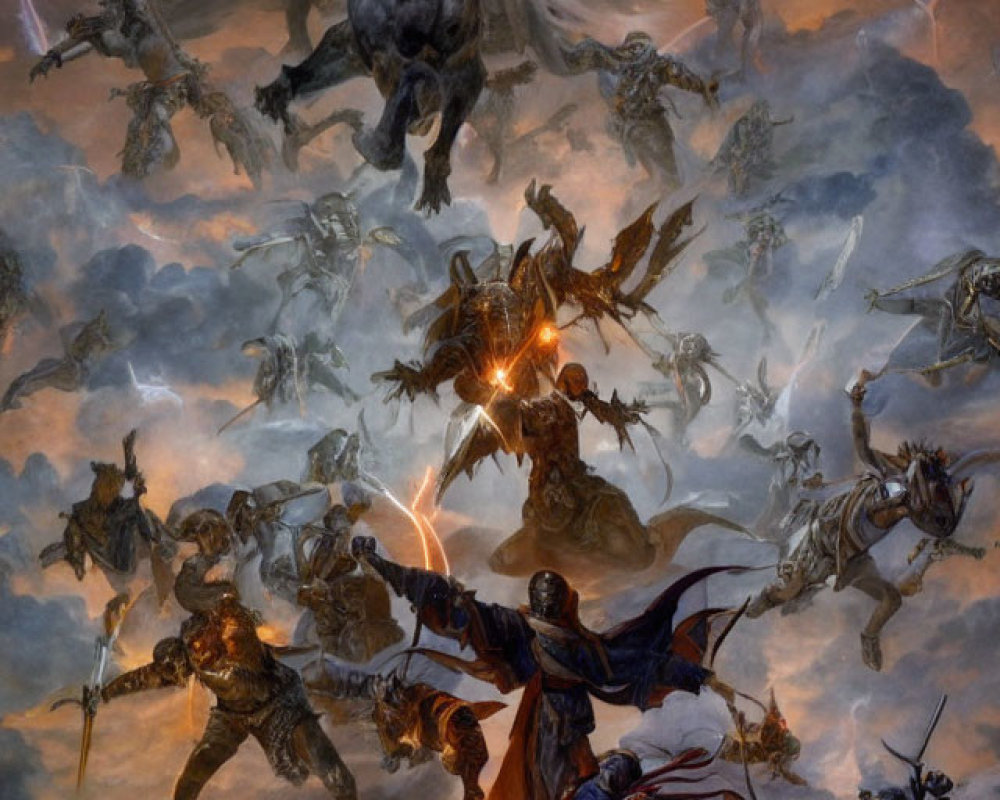 Heavenly battle scene with winged creatures and warriors in armor