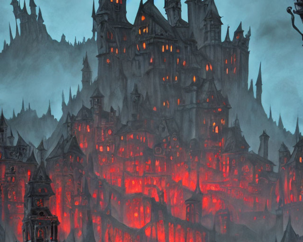 Eerie Red-Lit Castle with Skeletons and Bats