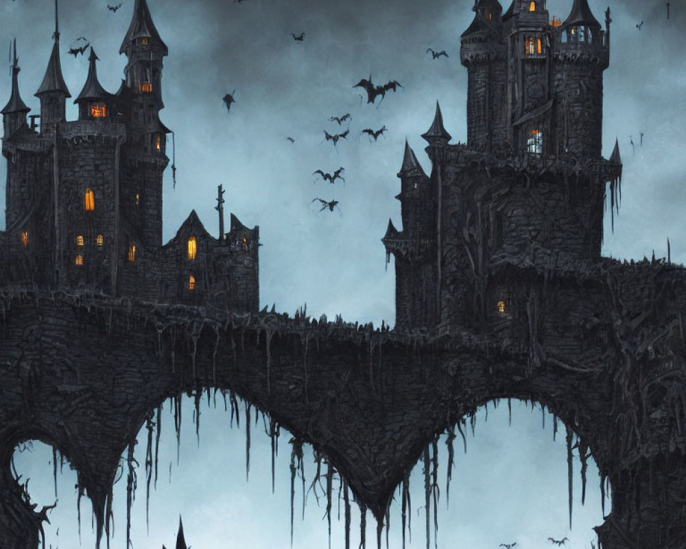 Gothic castle on rugged arch bridge with flying bats in dusky sky